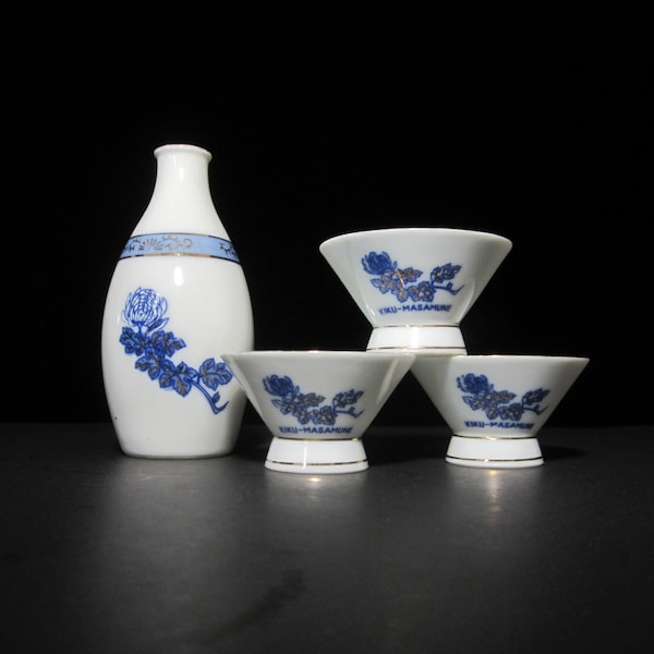 4-Pc Sake Set Kiku-Masamune Blue and White Chrysanthemum, Gold Trim • Vintage Footed Cups and Decanter • Cobalt Authentic Seal Made in Japan