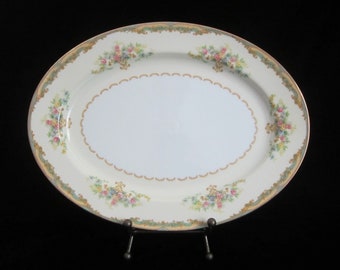 13 5/8" Joan Oval Serving Platter by Noritake Morimura • Vintage 1933 Elegant Pastel Floral, Green Border, Gold Trim, White Center • Japan