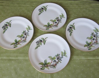 4-Pc Chickadees & Holly Salad Plate by Boehm • Colorful Birds in Branches Luncheon Plate • Vintage Set Fine Gold Trimmed Bone China England