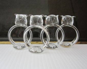 4-Pc Owl Napkin Rings Blown Glass • Sparkling Clear Handcrafted Holders • Vintage Horned Owls with Flat Base