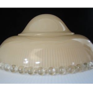 11&quot; Light Shade 3-Chain Peach Pink & Clear Beaded Rim • Vintage 1920s-30s Art Deco Glass Hanging Ceiling Fixture • Abstract Intaglio Leaves