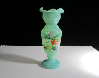 9" Victorian Bristol Glass Vase, Translucent Green Celadon Handpainted • Vintage c1900 Colorful Enamel Floral • Collectible European Antique