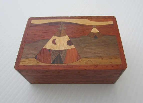 2x3" Small Wood Marquetry Trinket Box with Native… - image 3