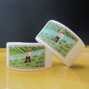 1-5 Pc Design Naif Napkin Ring by Villeroy & Boch • Vintage 1983 Gérard Laplau FISHING in French Countryside • Vitro-Porcelain, Luxembourg