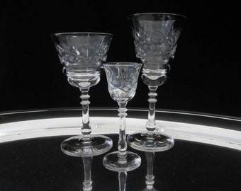 3-Pc Bryce 865-2 Cocktail Glass Starter Set • Vintage 1930s Wine, Liquor, Cordial Blown Clear Gray Wheel Cut Fans, Diamonds, Stars • PA, USA