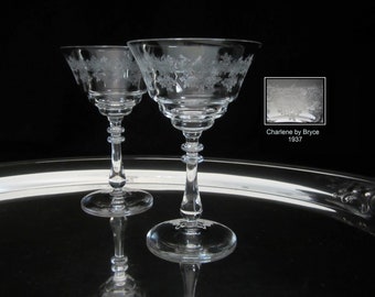 2-Pc Bryce Charlene Champagne Glass / Tall Sherbet • Clear Crystal Elegant Etched Scrolls & Leaves • Vintage 1937 Stem 865 • Made in PA, USA