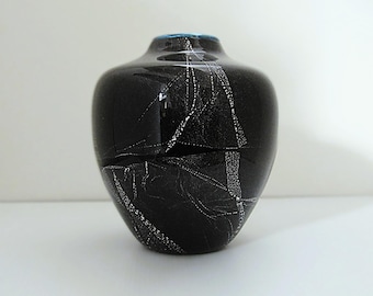 Gathering Glass Signed Black Cased Vase: Silver Flecks, Blue Lip, Vintage 2004