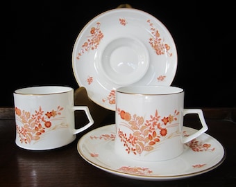 2-6 Sets Mikasa Eastwind Flat Cup & Saucer • Vintage 1970s Narumi Elegant Orange Floral • Fine Bone Tea or Coffee Cups 7 Oz • Made in Japan