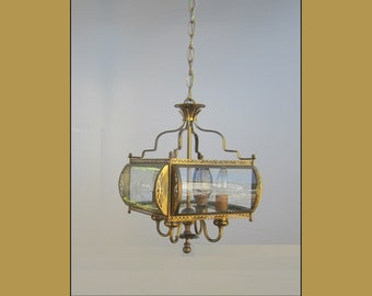 Vintage Brass Lantern 11 1/2" Square 4-Light  Chandelier with Curved Glass Panels • American Made Quality Ceiling Fixture 15" Height + Chain