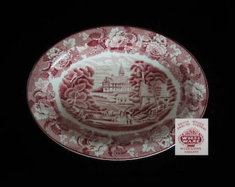 8 5/8" English Scenery Oval Vegetable Bowl by Wood & Sons • Vintage Older Smooth Pink on White Transferware • Village Church Scene • England