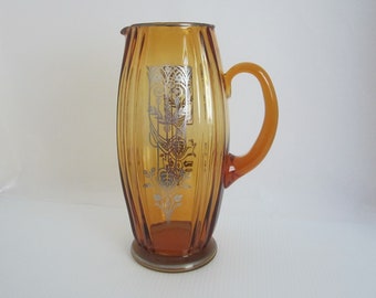 9 1/2" New Martinsville Drink Pitcher, Amber Oscar Silver Overlay • Vintage 1935 Art Deco Handmade Optic Glassware Jug • Sterling Mark • USA