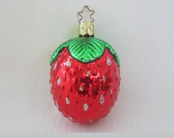 Inge-Glas Strawberry Christmas Tree Ornament • Vintage 1990s Blown Glass Handpainted Green Leaves Glittery Seeds • Old World Style Germany