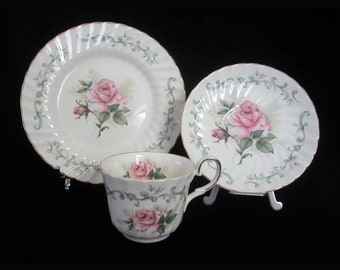 3-Pc Royal Patrician Trio Floral Flat Teacup, Saucer and Plate • Vintage Soft Pink Roses, Green Leaves • Fluted, Gold Trim • Made in England