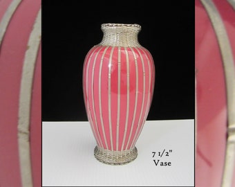 7 1/2" Japanese Awaji Pottery Vase Pink with Silver Weave Overlay • Antique Vintage Late 19th-Early 20th Century Magenta Berry Hue •Japan