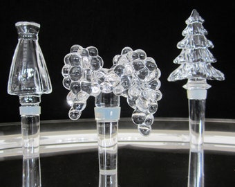 3-Pc Glass Wine Bottle Stopper Set, Vintage Figural Clear Crystal David Meister Couture Dress, Mikasa Christmas Tree, German Grape Cluster