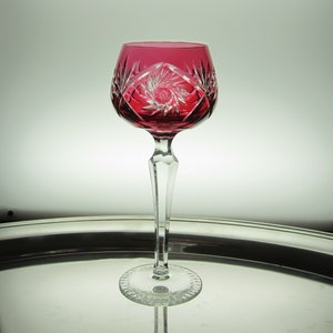 6 1/2 Oz Bohemian Hock Wine Goblet, Cranberry Rose Red Cut-to-Clear Hobstars, Fans, X&#39;s • Vintage 7 3/4&quot; Lead Crystal Hand Made • Hungary