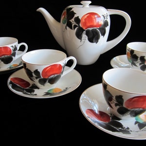 10-Pc Mascot Japanese Tea or Coffee Service, Persimmon Fruit Motif • Vintage Handpainted Colorful Bright Orange NA961• Fine Porcelain, Japan