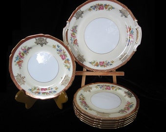 7-Pc Noritake Dessert Plate Set Floral Red & Gold Band • Antique 1910s Torte Scalloped Cream Yellow Pink Roses Iris Flowers • Made in Japan