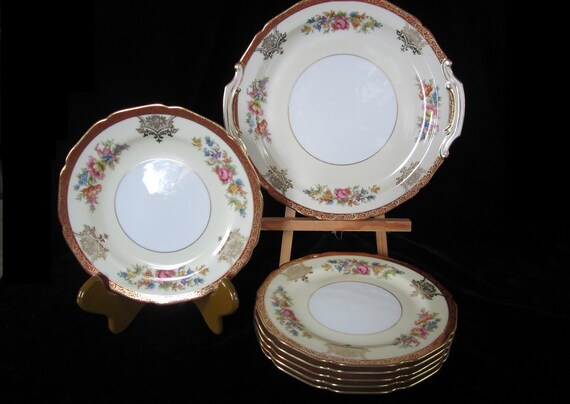 Noritake プレート 6枚セット レッド ゴールド Antique Noritake Dessert Plate Set • Floral Red Gold Band, 1910s