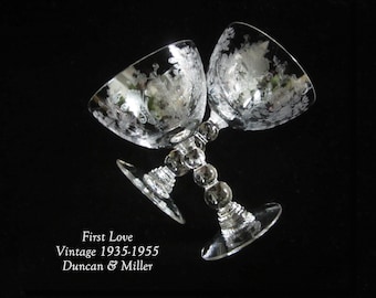 2-8 Pc Duncan & Miller 4 1/2" Liquor Cocktail FIRST LOVE 3.5 Oz • 1935 Vintage Elegant Lacy Floral Etch Blown Line No 5111 1/2 • Made in USA