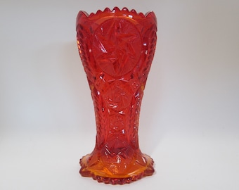 9" Nortec Vase by L.E. Smith Glass • Vintage #409 Centipede Pres-Cut Amberina • Hand Finished Sawtooth EAPG Floral Centerpiece • Ohio Star