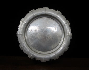 17 1/2" Forman Family Aluminum Round Tray with Floral Motif • Vintage Mid-20th Century Pressed & Embossed, Cut Scalloped Rim • 4Man, NY, USA