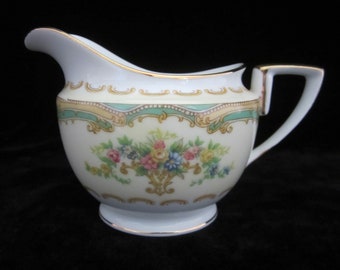 8 Oz Creamer Joan by Noritake Morimura • Vintage 1933 Pastel Floral on Yellow with White Center, Green Gold Trim Edge • Cream Pitcher, Japan