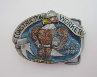 Vintage 1988 Construction Worker Eagle Belt Buckle, Pewter Enamel