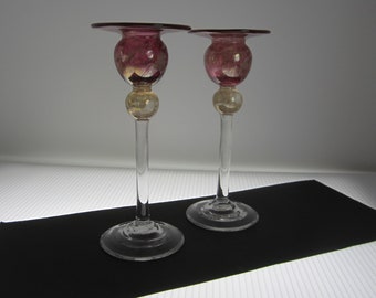 2-Pc 7" Candlestick C. Runyon Art Glass Signed Taper Holder • Hand Crafted Pair Cranberry & Gold Luster • Vintage 1990s Unique Single Light