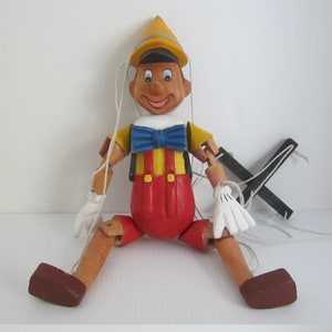 15&quot; Wooden Pinocchio Marionette String Puppet • Vintage Mid-20th Century Hand Carved Jointed Story Character • Happy Joyous Young Boy NICE!