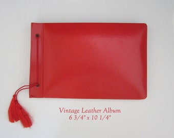 10.5x6.75 Leather Scrapbook or Photo Album, Smooth Glossy Candy Red with Tassel • Vintage Old Corner Mount Style, Textured Vellum Separators