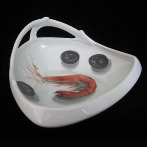 Porcelaine de Paris Seafood Dipping Dish • Vintage MidCentury Handpainted Sealife Moftif • Pink Shrimp & Black Olives • Signed L.V.M. France