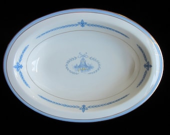 10" Lamberton Puritan Serving Bowl • Oval French Country Style Vegetable Dish • Vintage Ivory China Blue Yellow Gold Trim Laurel Garland USA