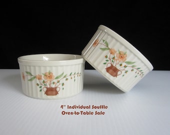 Pair 4" Soufflé Dish Oven-to-Table Individual Baker, Countryside Stoneware Collection, JMP • Vintage 1980 PInk Orange Floral in Pot • Japan