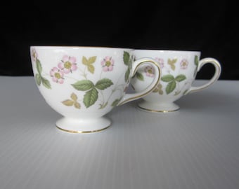 2-Pc Wedgwood Wild Strawberry Footed Cup Set, Leigh Shape • Vintage 1965 Bone China Gold Trimmed Tea or Coffee Cups • Crafted in England