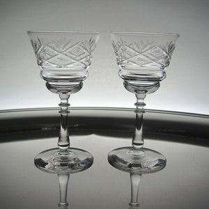 2-Pc Bryce Bros. Liquor Cocktail Glass 865-2 Wheel Cut Polished & Gray Fans, Diamonds, Stars Blown Crystal Goblet Vintage 1930s PA USA image 3