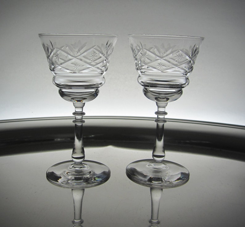 2-Pc Bryce Bros. Liquor Cocktail Glass 865-2 Wheel Cut Polished & Gray Fans, Diamonds, Stars Blown Crystal Goblet Vintage 1930s PA USA image 3