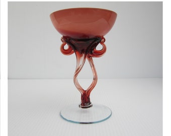 Krosno Art Glass Champagne / Tall Sherbet • Cased Dark Coral Swirl & White • Hand Formed Dual Stem Pedestal • Vintage Unique 6 1/8" Poland