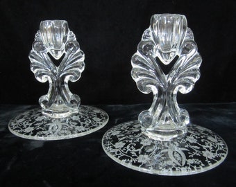 2-Pc Prelude New Martinsville Viking Candle Holder • Elegant Etched Crystal Clear Glass Taper Set • Vintage 1940s Floral Wreath • VW, USA