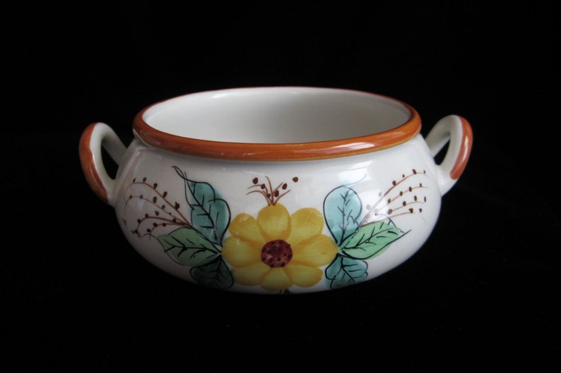 Vintage Ceramic Floral Bowl with Handles 1970s FTD Handpainted Portuguese Pottery Centerpiece Vase Candy Dish Nut Salsa Bowl Yellow Green