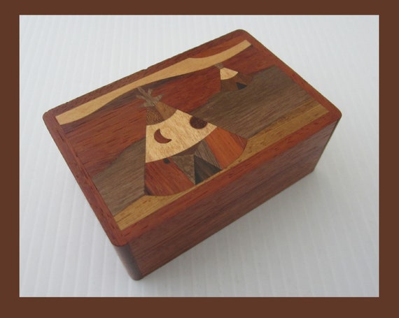 2x3" Small Wood Marquetry Trinket Box with Native… - image 2