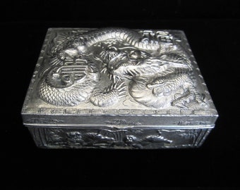Japanese Dragon Cigarette Case Footed Hinged Box • Antique Vintage Repousse Asian Style Foo Dog Lions, Egrets, Bamboo • Silver Tone Color