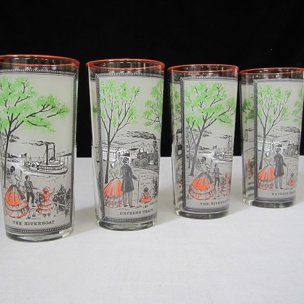 Currier & Ives Riverboat Express Train Glasses, Libbey Red Rim Tumblers, Set of 4