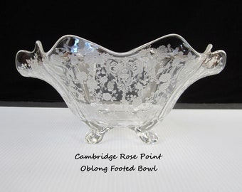 11 1/2" Oblong Rose Point Bowl 4-Toed 3400 160 Elegant Crystal Cambridge Glass • Vintage 1935 Blown Ruffled Plate Etched Wedding Décor • USA