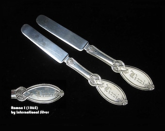 2-Pc Antique Roman Youth Knife by Rogers Bros. • Vintage 1865 Aesthetic Victorian Solid Flat Handled Tea Knives or Butter Spreaders • CT USA