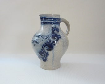 7 1/4" Reinh. Merkelbach Salt Glazed Pitcher Jug 1L Pottery • Vintage MCM German Cobalt Proverb Quote • Crafted in Höhr-Grenzhausen Germany