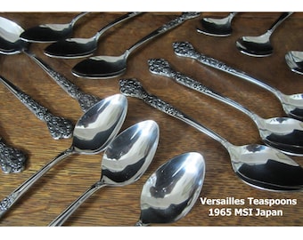 2 to 15-Pc Versailles Teaspoon by MSI • Vintage 1965 Japanese Elegant Stainless Steel Antiqued Floral Roses & Leaves Handle and Tip • Japan