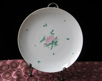 6-Pc Romance Rose Salad Plate by Rosenthal • Pink Center Rose, Green Leaves, Raised Ivory Ovals • Vintage Bjorn Wiinblad European Germany