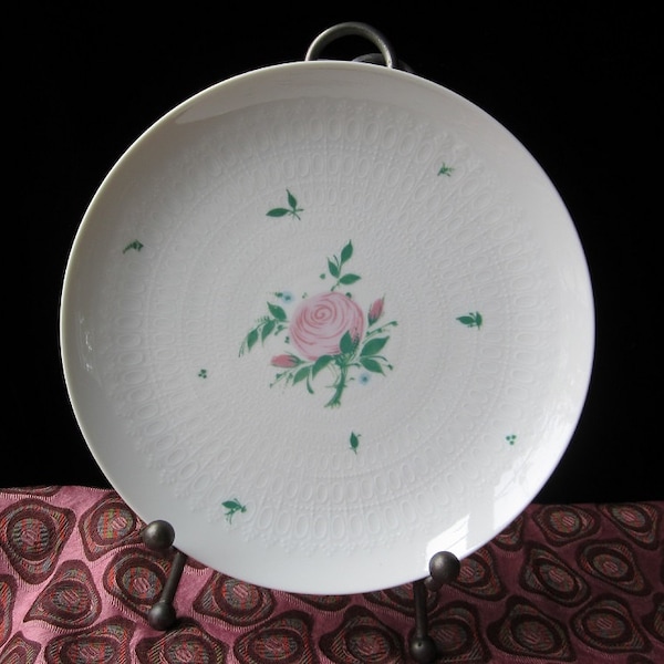 6-Pc Romance Rose Salad Plate by Rosenthal • Pink Center Rose, Green Leaves, Raised Ivory Ovals • Vintage Bjorn Wiinblad European Germany