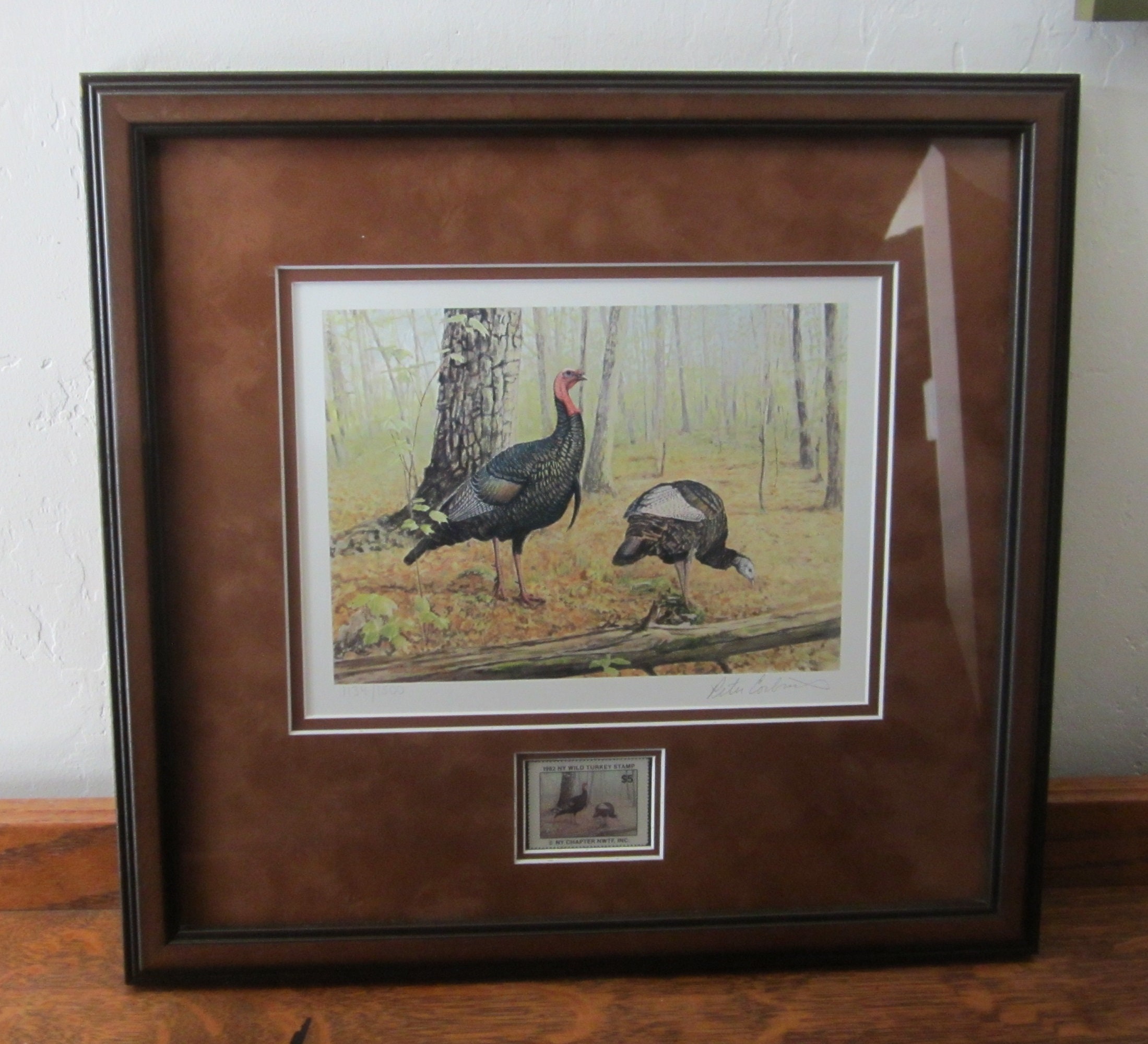Vintage Framed Wild Turkey Stamp Print • Peter Corbin, Signed